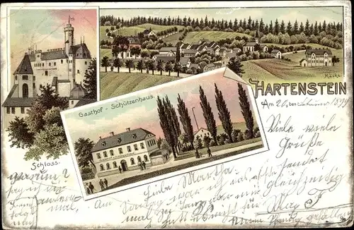 Litho Hartenstein im Erzgebirge Sachsen, Totale, Gasthof Schützenhaus, Schloss