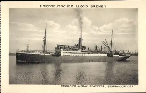 Ak Norddeutscher Lloyd Bremen, Passagier- und Frachtdampfer Sierra Cordoba