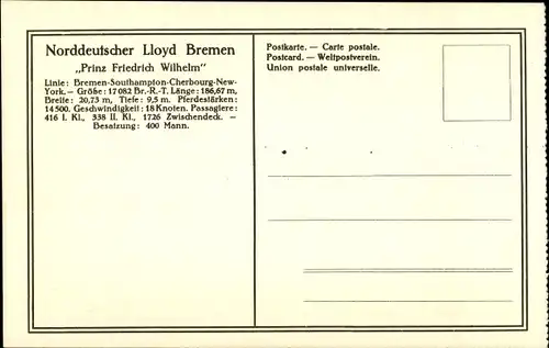 Ak Doppelschrauben-Salondampfer Prinz Friedrich Wilhelm, Norddeutscher Lloyd Bremen