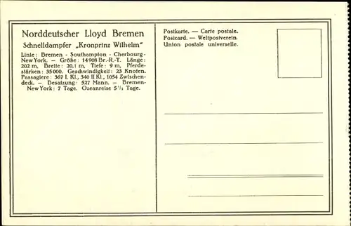Ak Norddeutscher Lloyd Bremen, Schnelldampfer Kronprinz Wilhelm vor New York