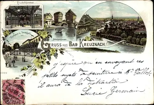 Litho Bad Kreuznach in Rheinland Pfalz, Teilansicht, Elisabethbrunnen, Kurhaus, Trinkhalle