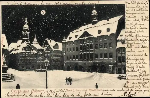 Ak Coburg in Oberfranken, Marktplatz mit Rathaus, Winterszene