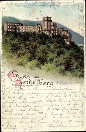 Litho Heidelberg am Neckar, Burg bei Mondenschein