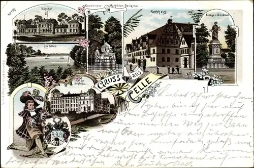 Litho Celle in Niedersachsen, Bahnhof, Rathaus, Schloss, Kriegerdenkmal