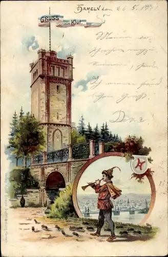 Wappen Litho Hameln in Niedersachsen, Blick auf den Klütturm, Rattenfänger