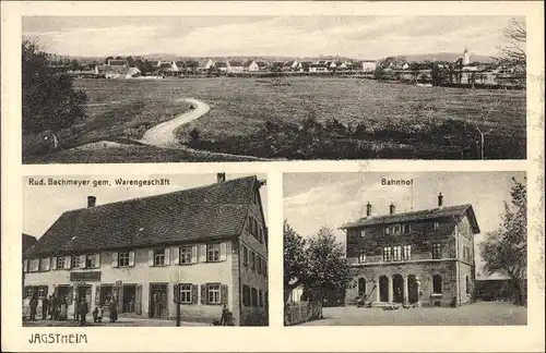 Ak Jagstheim Crailsheim in Württemberg, Bahnhof, Gemischtwarenhandlung, Totalansicht