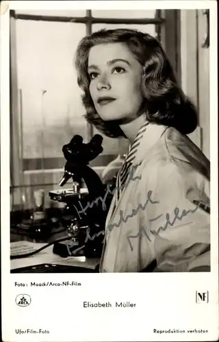 Ak Schauspielerin Elisabeth Müller, Portrait, Autogramm, Mikroskop, Geliebte Corinna, Ufa Film