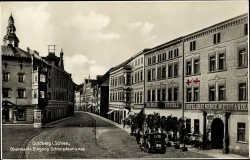 Ak Złotoryja Goldberg Schlesien, Obermarkt, Schmiedestraße, Hotel Drei Berge