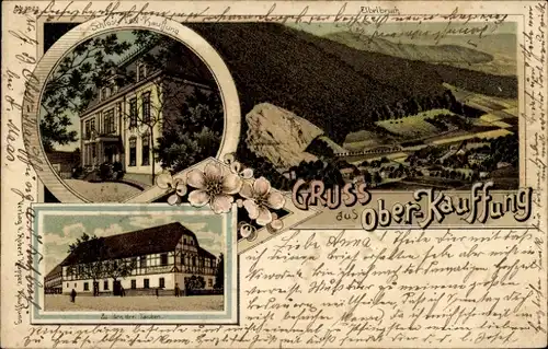 Litho Wojcieszów Ober Kauffung Schlesien, Schloss Lest, Gasthof zu den drei Tauben v. H. Schnaberl
