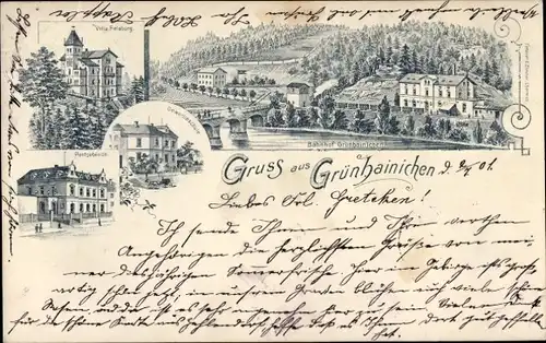 Litho Grünhainichen im Erzgebirge, Bahnhof, Post, Villa Felsburg, Gewerbeschule