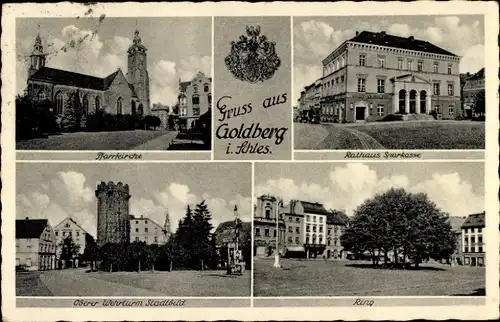 Ak Złotoryja Goldberg Schlesien, Pfarrkirche, Rathaus, Ring, Oberer Wehrturm