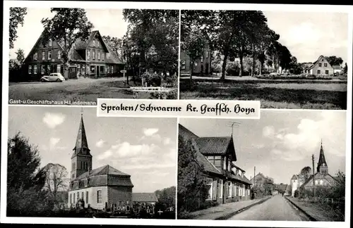 Ak Spraken Schwarme Niedersachsen, Gasthaus und Geschäftshaus H. Lindemann, Kirche, Straßenpartie