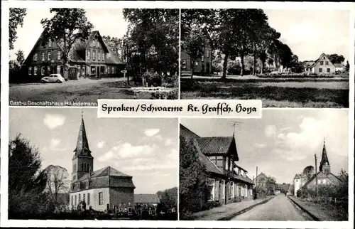 Ak Spraken Schwarme Niedersachsen, Gasthaus und Geschäftshaus H. Lindemann, Kirche, Straße