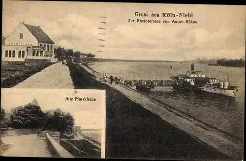 Ak Niehl Köln am Rhein, Zur Rheinterrasse, Dampferanlegestelle, alte Pfarrkirche