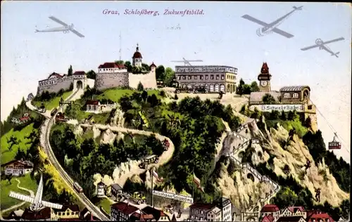 Ak Graz Steiermark, Schlossberg, Zukunftsbild, Seilbahn, Autostraße, Flugzeuge