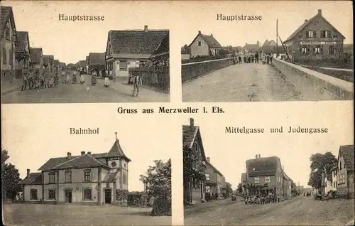 Ak Mertzwiller Merzweiler Elsass Bas Rhin, Teilansichten, Bahnhof, Mittelgasse und Judengasse