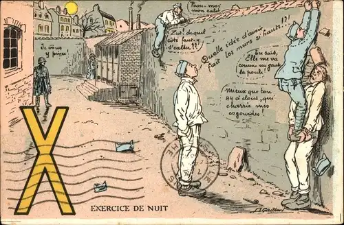 Buchstaben Ak Buchstabe X, französische Soldaten, Nachtübung