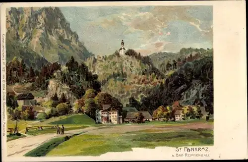 Litho Karlstein Bad Reichenhall in Oberbayern, Wallfahrtskirche St. Pankraz