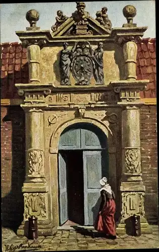 Künstler Ak Gerstenhauer, Johann Georg, Frau in niederländischer Volkstracht vor einem Gebäudeportal