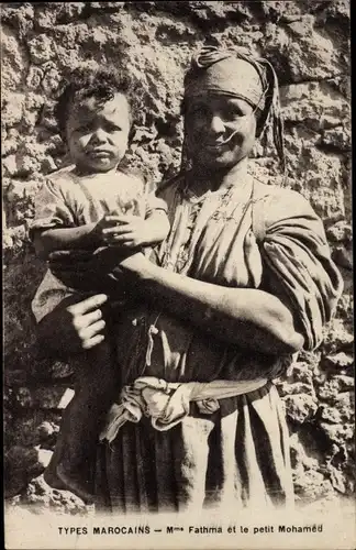 Ak Marokko, marokkanische Typen, Madame Fathma und der kleine Mohamed
