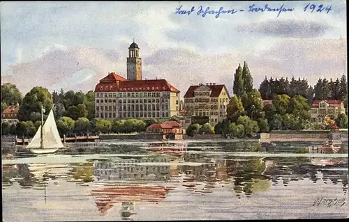 Künstler Ak Marschall, V., Bad Schachen Lindau am Bodensee Schwaben, Wasserpartie, Segelboot