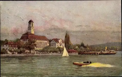 Ak Bad Schachen Lindau am Bodensee Schwaben, Segelboot, Gebäude mit Turm