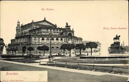 Ak Dresden Altstadt, Königliche Hofoper, König Johann Denkmal, Springbrunnen, Fontäne