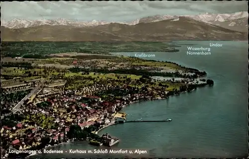 Ak Langenargen am Bodensee, Schloss Montfort, Alpen, Luftbild, Lindau, Kreßbronn