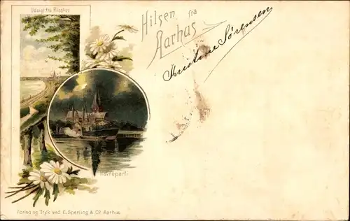 Litho Århus Aarhus Dänemark, Hafenpartie am Abend