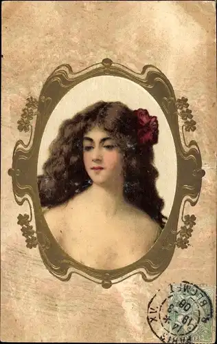 Präge Passepartout Ak Gemaltes Portrait einer Frau mit dunklen Haaren