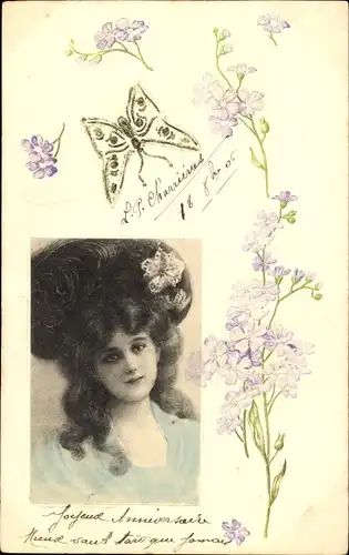 Präge Litho Gemaltes Portrait einer Frau mit dunklen Haaren, Schmetterling, Blumen