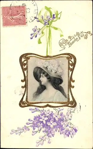 Präge Ak Glückwunsch, Gemaltes Portrait einer Frau, Blumen