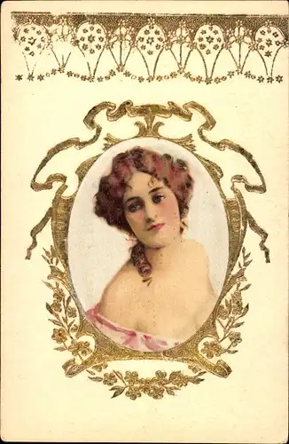 Präge Passepartout Litho Gemaltes Portrait einer Frau, Blumen