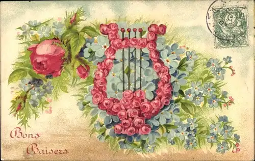 Präge Ak Blumen, Vergissmeinnicht, Musikinstrument, Rosen, Lyra