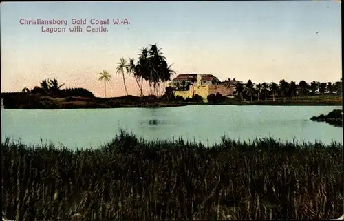 Ak Christiansborg Ghana, Gold Coast, Lagune mit Schloss