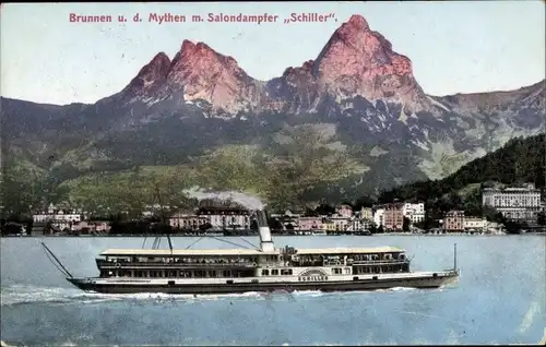 Ak Brunnen Kt Schwyz, Brunnen u. d. Mythen mit Salondampfer Schiller