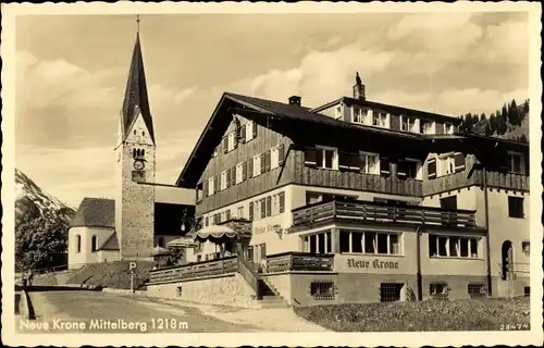 Ak Mittelberg Vorarlberg, Hotel Neue Krone, M. Seelenmayer, Kirche, Kl. Walsertal