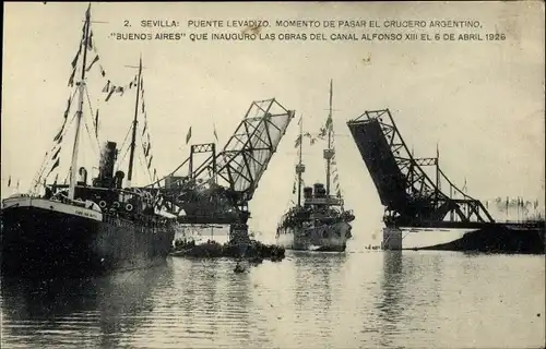 Ak Sevilla Andalusien, Schiff passiert die Alfonso-XIII-Brücke
