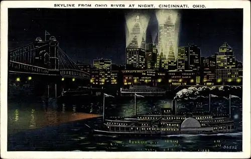 Ak Cincinnati Ohio USA, Skyline vom Ohio River bei Nacht