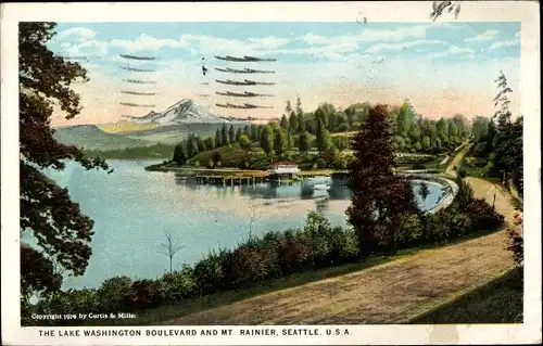 Ak Seattle Washington USA, Lake Washington Boulevard und Mt. Rainier