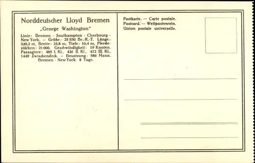 Ak Dampfschiff George Washington, Norddeutscher Lloyd Bremen, Doppelschrauben-Salondampfer