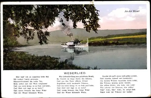 Ak Weserlied, Dampfschiff auf der Weser, Deutsch von der Quelle bis zum Strand