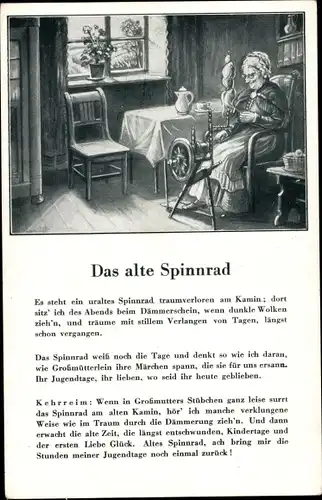 Lied Ak Das alte Spinnrad, Frau in einer Stube beim Spinnen