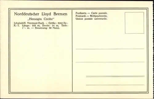 Ak Schulschiff Herzogin Cecilie, Segelschiff, Norddeutscher Lloyd Bremen