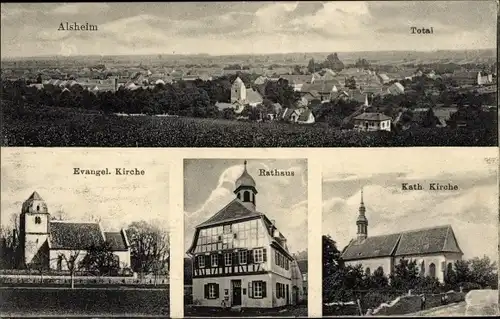 Ak Alsheim in Rheinhessen, Gesamtansicht, Evangelische Kirche, Rathaus, katholische Kirche