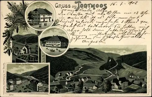 Litho Todtmoos im Schwarzwald, Gesamtansicht, Pension Löwen, Kirche, Hotel, Kurhaus