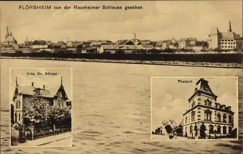 Ak Flörsheim am Main, Blick von der Raunheimer Schleuse, Villa Dr. Börner, Post