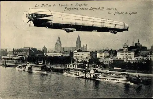 Ak Mainz am Rhein, Zeppelins neues Luftschiff Modell 4 über der Stadt, Salondampfer