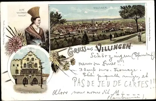 Litho Villingen Schwenningen im Schwarzwald, Frau in Tracht, altes Rathaus, Totalansicht