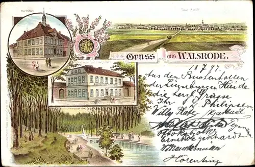 Litho Walsrode in der Lüneburger Heide, Rathaus, Gesamtansicht, Teich